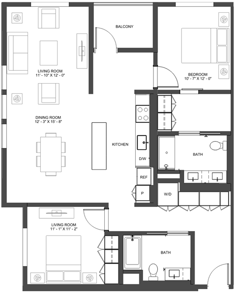 Floor plan for 2 beds, 2 baths, 1276 sqft